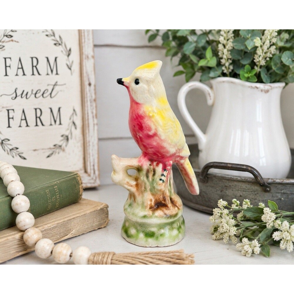 Vintage 50s Hand Painted Ceramic Bird Figurine Pink Yellow Songbird Tree Stump